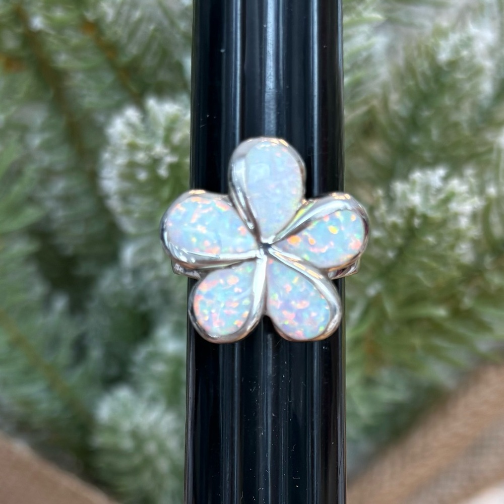 Stunning Opal Inlay Flower Ring solid Sterling Silver 925 Artisan Made sz 6 7/8
